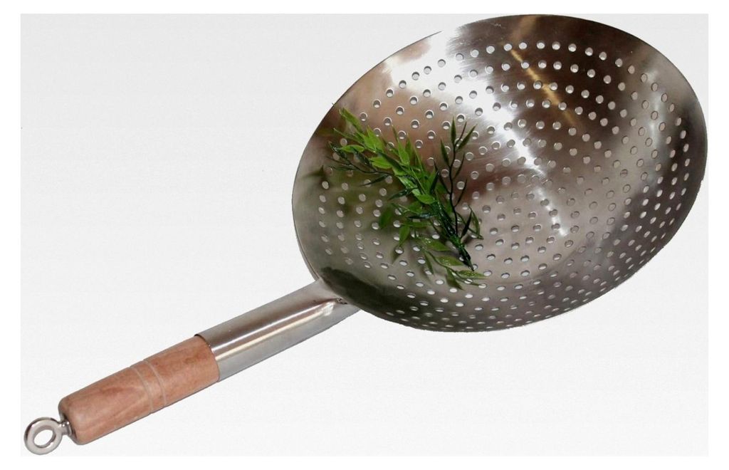 Woksieb Wok Seiher Edelstahl mit Öse zum Aufhängen Größe L 52 cm, Ø Kelle 30 cm