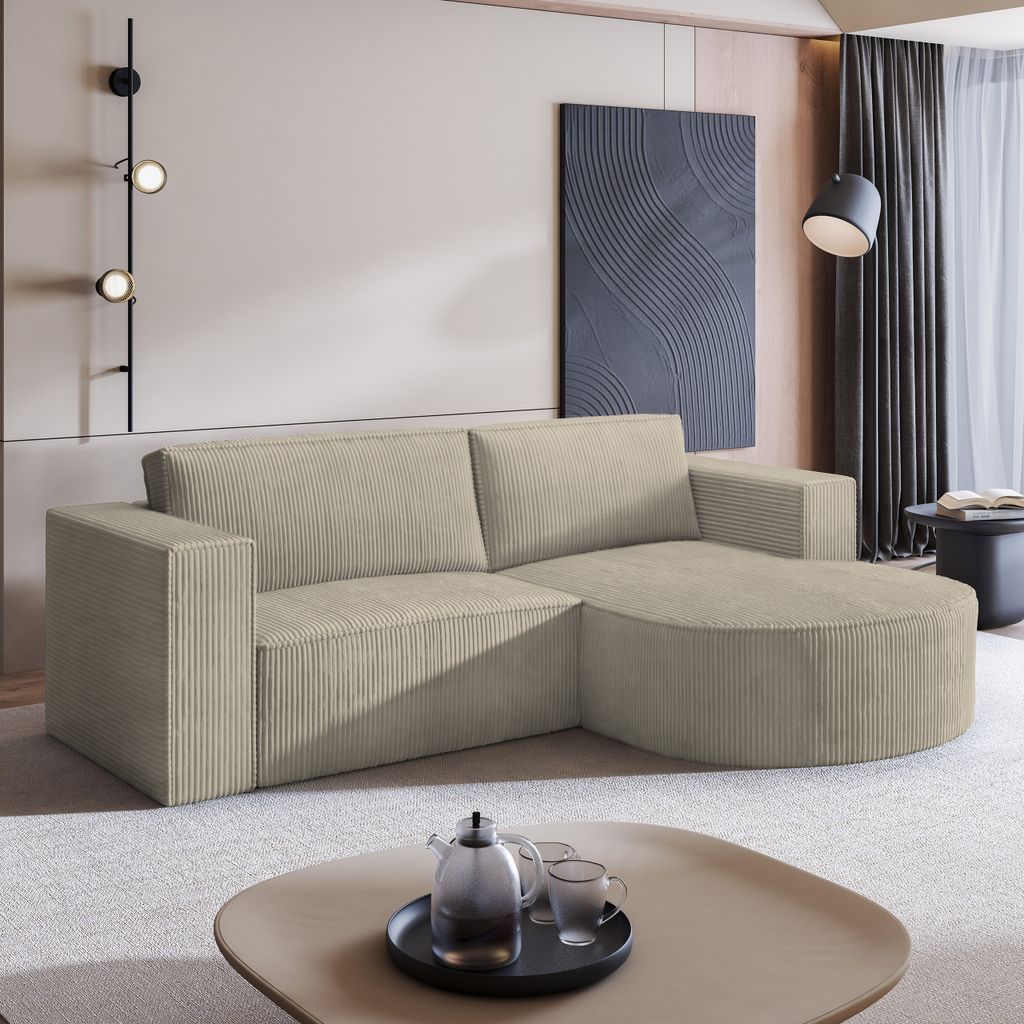Masseno Ecksofa SORELA P R-S mit Schlaffunktion L-Form, Sofa mit Bettkasten, Wohnzimmersofa, Couch, Soffa, Bettsofa, Couchgarnitur- Beige, POSO 02