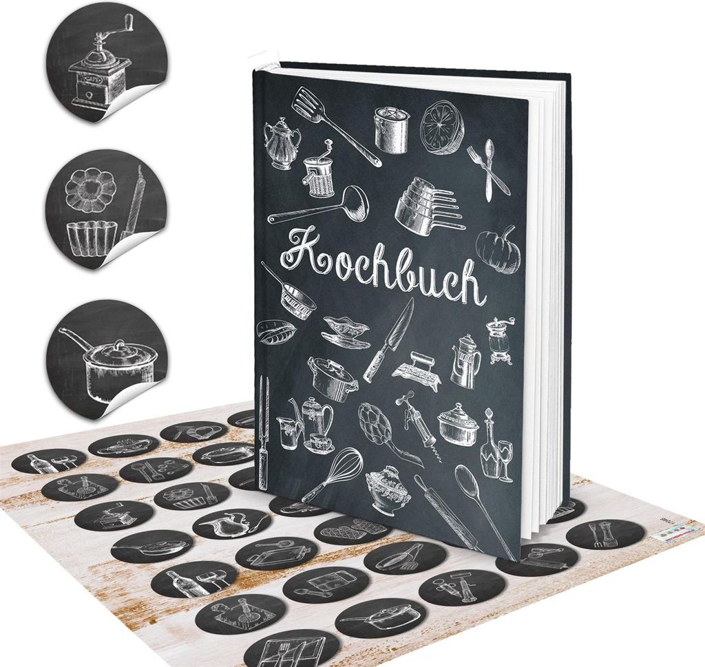 Kleines DIY Rezeptbuch mit leeren Seiten DIN A5 schwarz weiß Tafelkreide-Stil mit Metalleckenmit schwarzen Stickern