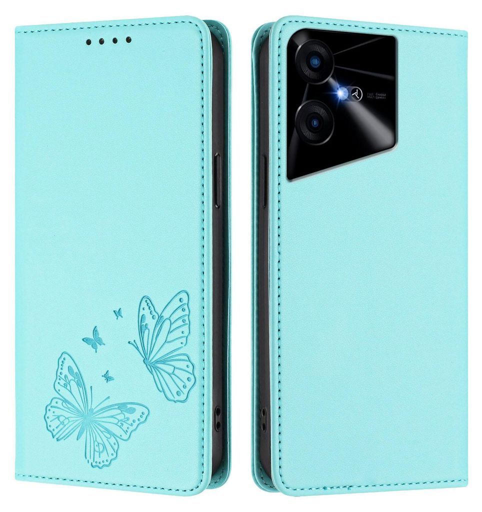 Lederhülle für Tecno Pova Neo 3, Schmetterling Prägung Leder Brieftasche Schutzhülle mit Ständer Türkis