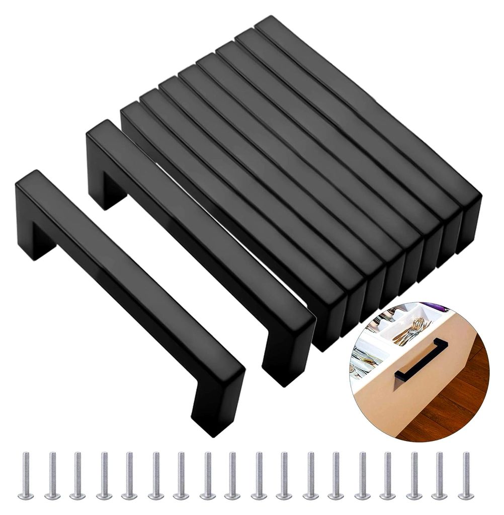 10 Stück Möbelgriffe Schwarz 96MM, Edelstahl Quadrat Griffe, Schrankgriffe, mit 40 Schrauben, für Küchen, Schubladen, Schränke, Möbel
