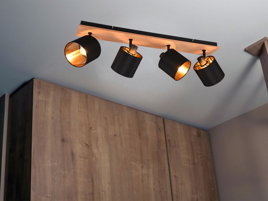 LED Deckenstrahler 4 flammig schwenkbar mit Stoffschirm in Schwarz-Gold Wandspot