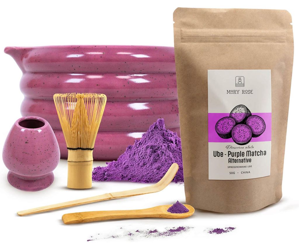 Mary Rose - Purple Matcha Set Ube Pulver 50g - Keramik Schale Beri 500ml mit Ausguss Lila - Bambus Zubehör- Besen, Löffel & Halter