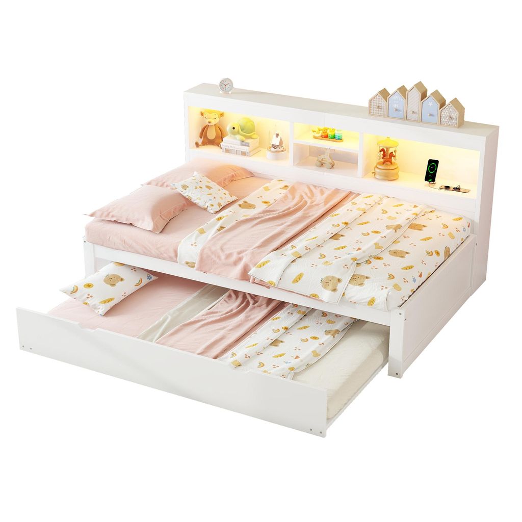 Massivholzbett mit Gästebett, 90x200 cm, Einzelbett mit LED-Beleuchtung, Mehrfachsteckdose und Lattenrost, Jugendbett