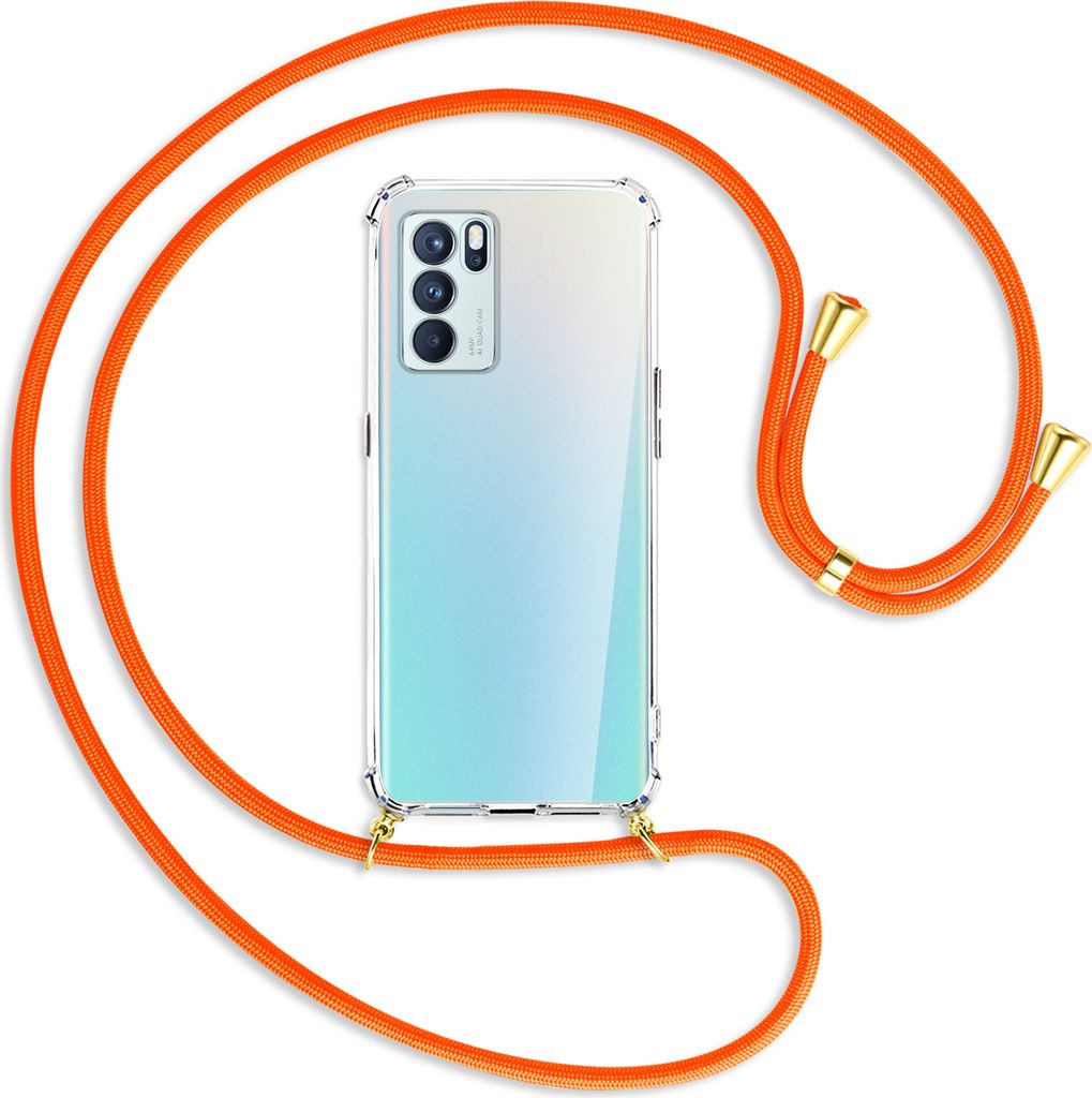 Handykette Backcover-Schutzhülle mit Band (Metall goldfarben) für Oppo Reno6 Pro 5G CN (PEPM00) - neonorange
