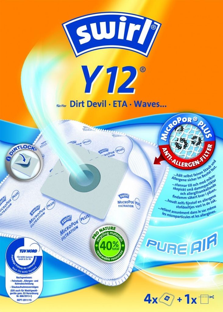 The image shows a package of Swirl vacuum cleaner bags, model Y12, with various features highlighted.