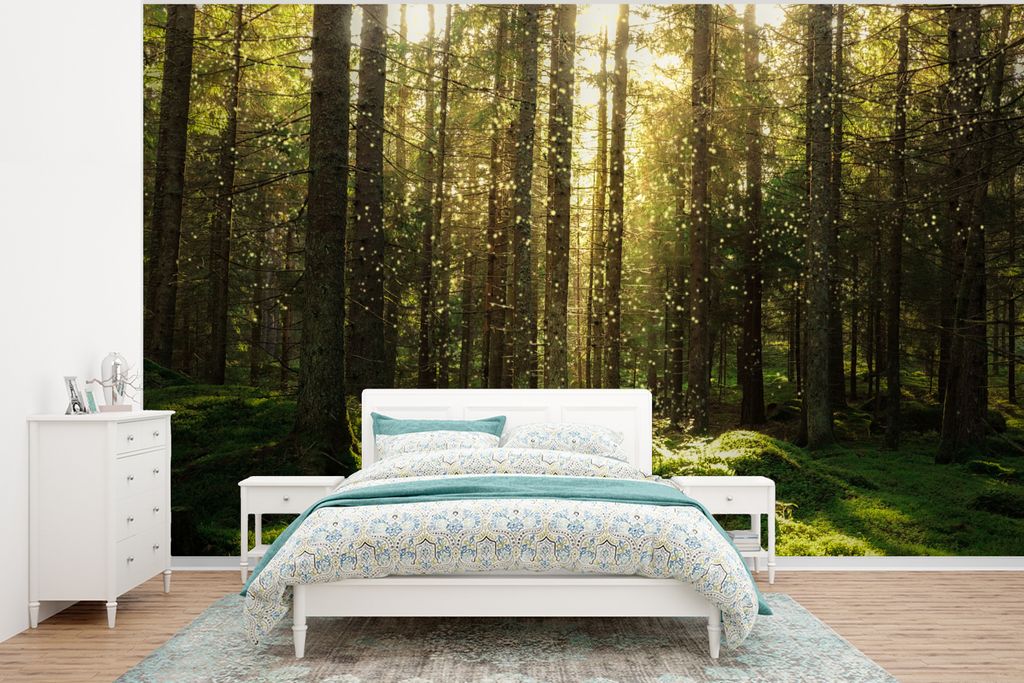 MuchoWow Fototapete für Wohnzimmer oder Schlafzimmer Wandtapete Vinyl Motivtapete Bäume - Wald - Moos - Pflanzen - Sonne - Natur - 350x260 cm -...