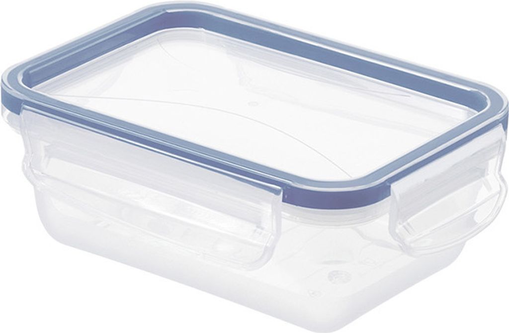 A clear, well-lit studio shot of a rectangular transparent food storage container with a blue lid.