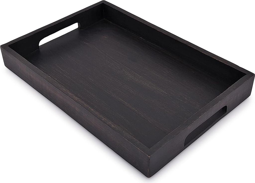 Akazienholz Rechteckiges Tablett für Frühstück und Abendessen - Mit Griff - 1 Stück - Schwarz - 15" x 10" x 1,6"
