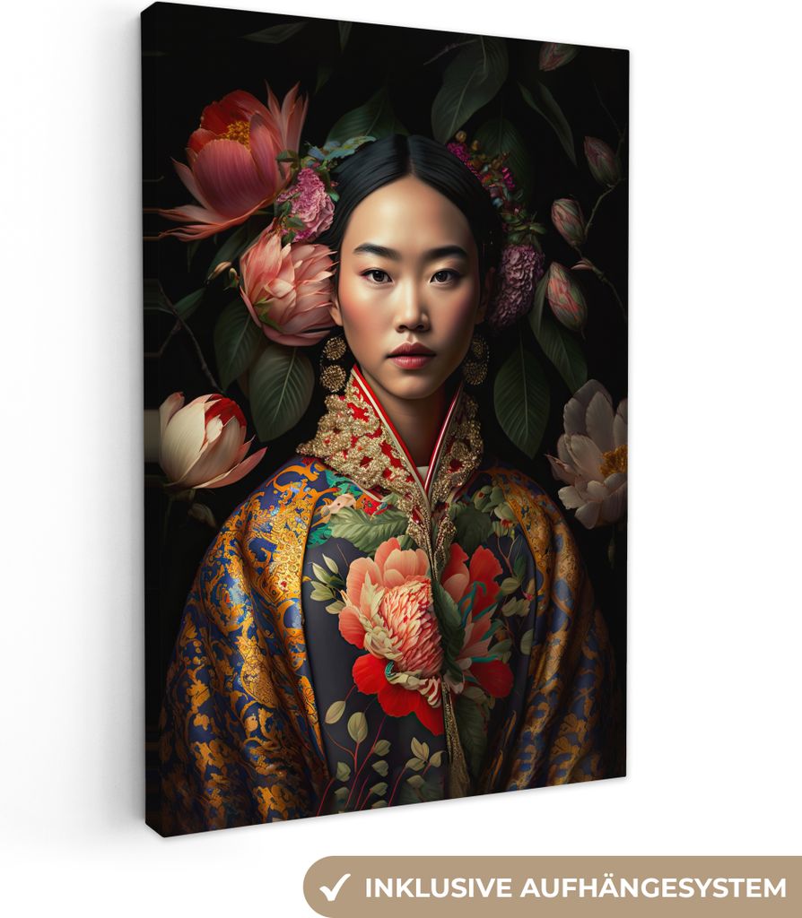 MuchoWow - Leinwandbilder - Frau - Asiatisch - Kimono - Blumen - Porträt, Wandbild, Wanddeko Bilder Wohnzimmer, 40x60 cm