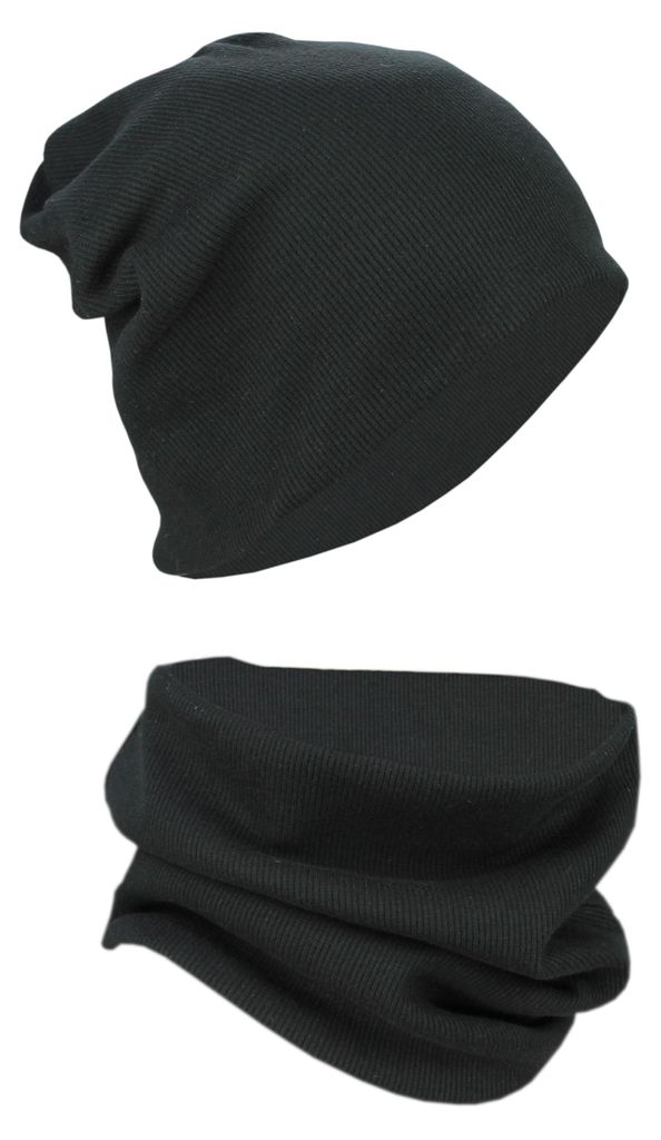 Alkato Uni Beanie Mütze und Schal Set Uni, Farbe: Rippstoff Schwarz, Größe: Einheitsgröße