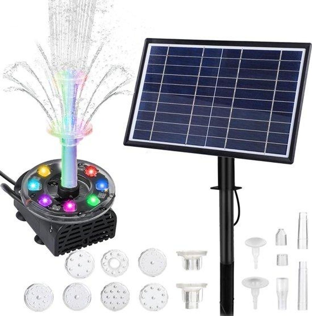 Solar-Pumpe für Garten und kleiner Teich - 230 l/h - 085 m Wasserhöhe - 7W LED - Solarbetrieb mit Batterie - Doppelfontäne - Wasserzirkulation f...