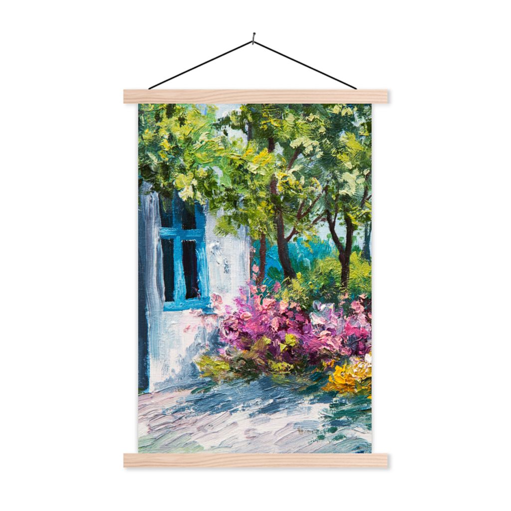 MuchoWow Textilposter Malerei - Pflanzen - Blumen - Haus - Öl 120x180 cm mit holzfarbenen Rahmen - Textil-Plakat