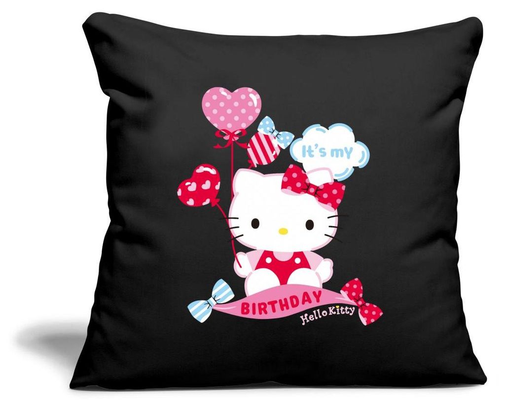 Spreadshirt Hello Kitty Mit Ballons Mein Geburtstag Kissenbezug 45x45 cm, One size, Schwarz
