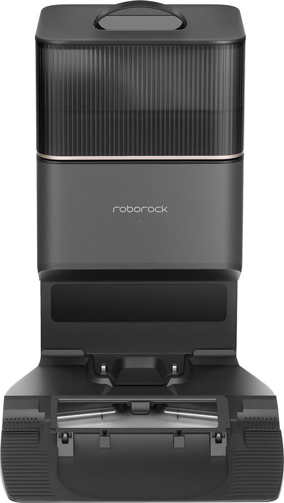 A black and gray docking station for a robot vacuum cleaner.