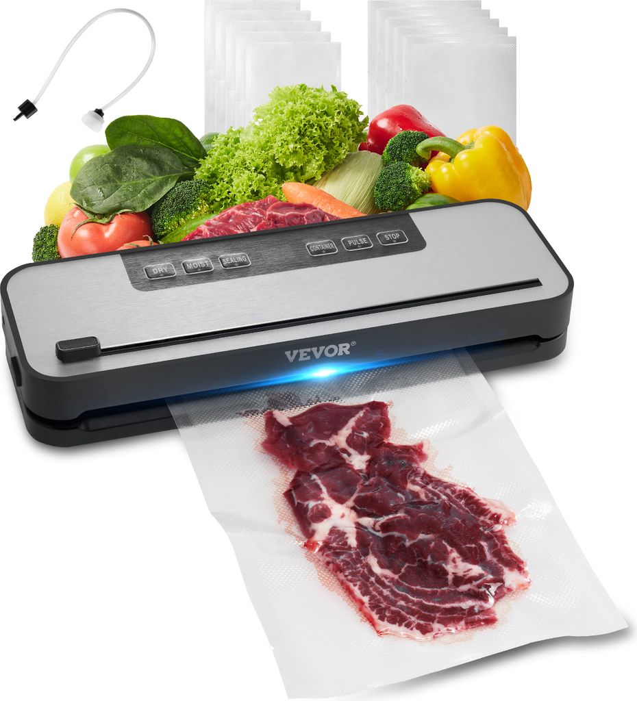 A VEVOR vacuum sealer with a variety of fresh vegetables and raw meat, along with vacuum sealing bags and a hose accessory.
