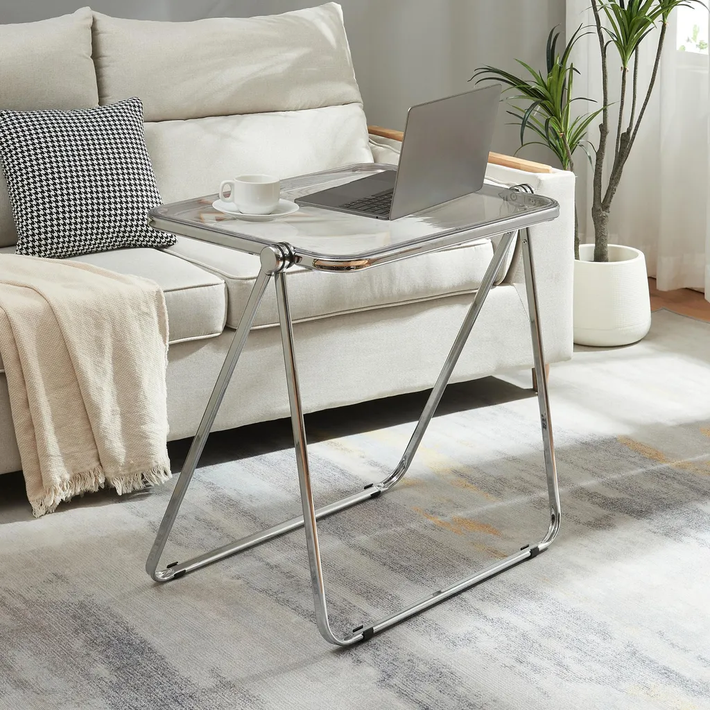 Table pliable 70x49 cm avec plateau transparent et châssis métallique
