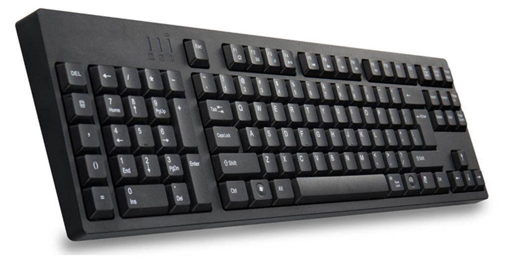A black keyboard is shown from a slightly elevated side angle against a white background.