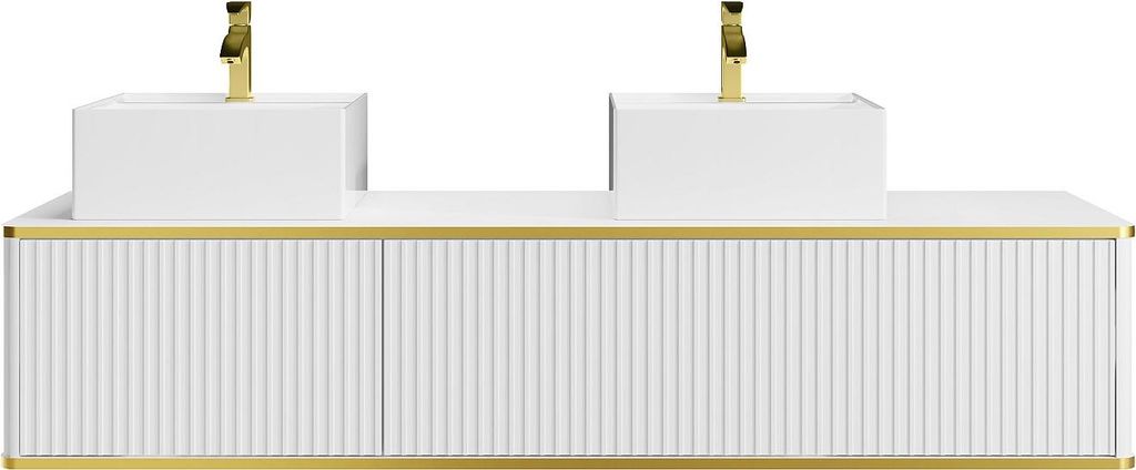 Waschbeckenunterschrank hängend mit quadratischem Doppelaufsatzwaschbecken - Streifenoptik - Goldfarbene Umrandung - Weiß - 150 cm - KELIZA