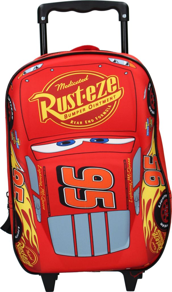 A red rolling backpack designed to look like the character Lightning McQueen from the movie Cars.