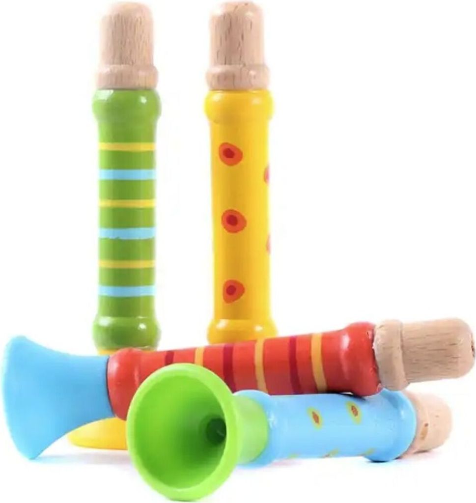 Holz-Trompetenpfeifen – 4er-Set bunte Pfeifen für Kinder- 7940