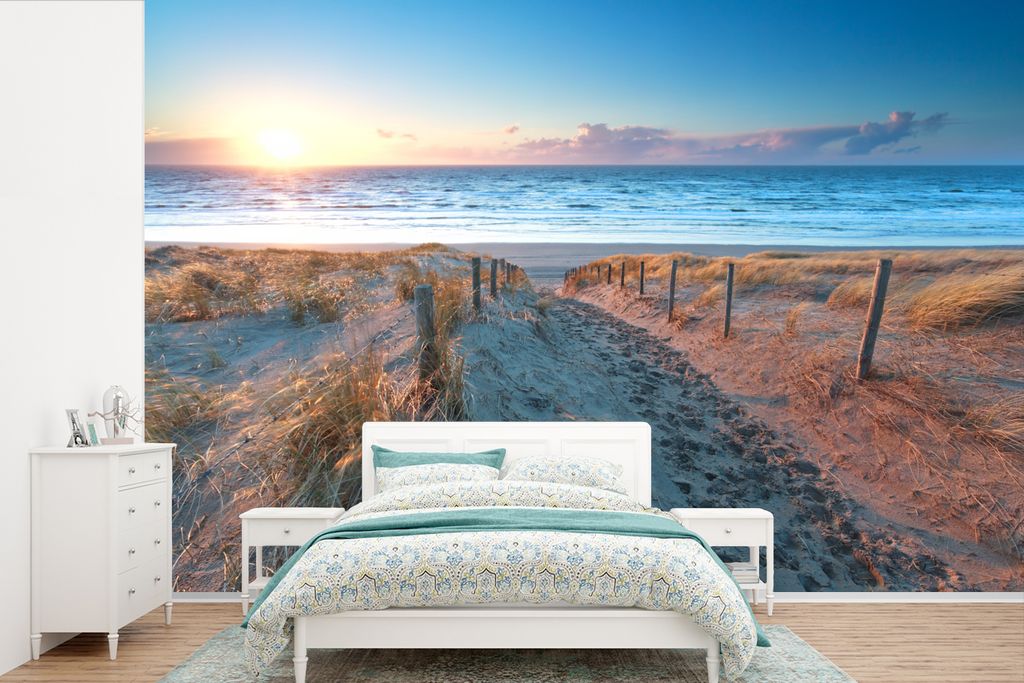 MuchoWow Fototapete für Wohnzimmer oder Schlafzimmer Wandtapete Vinyl Motivtapete Strand - Meer - Sonne - Düne - 450x300 cm - Gemusterte