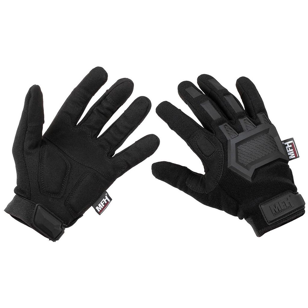 A pair of black tactical gloves shown from a top-down perspective against a white background.