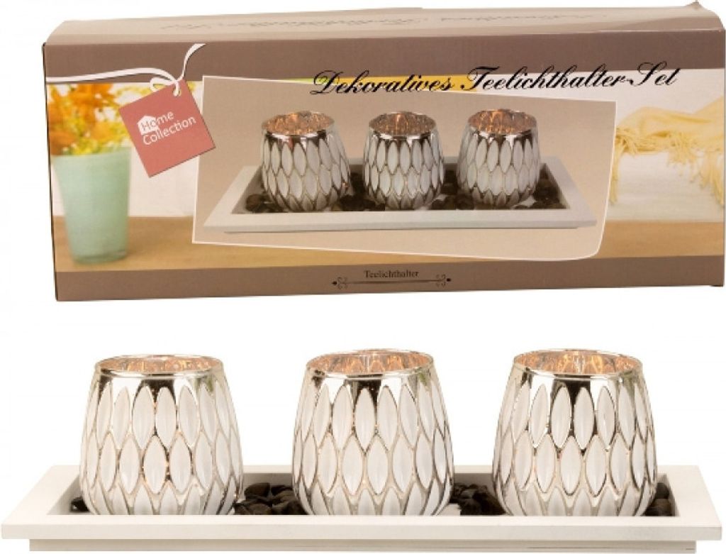 Teelichthalter-Set 3 Gläser silber/weiß mit Platte