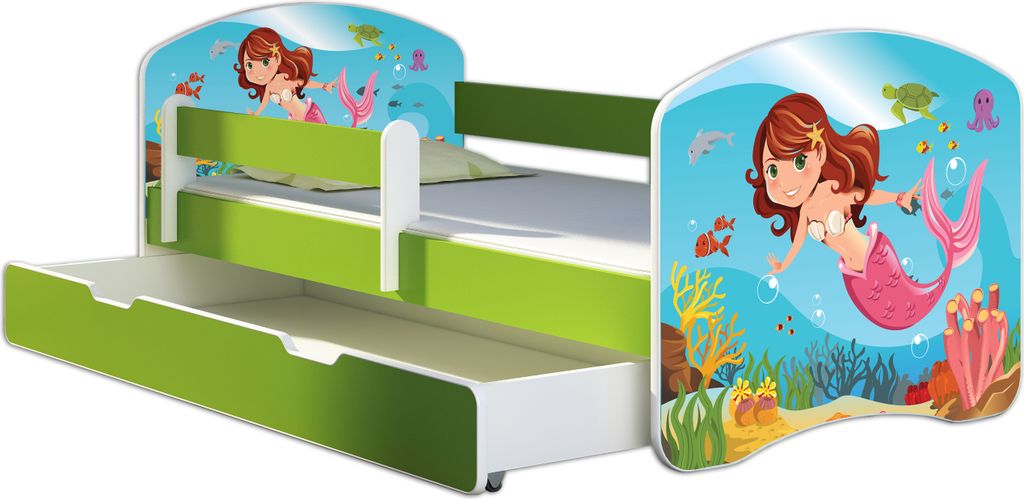 ACMA Jugendbett Kinderbett Junior-Bett Komplett-Set mit Matratze Lattenrost und Rausfallschutz Grün 09 Meerjungfrau 160x80 + Bettkasten