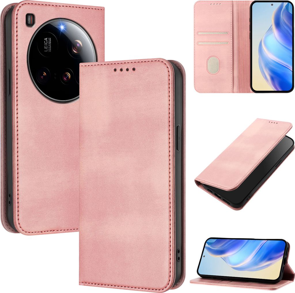 Handyhülle für Xiaomi 15 Ultra, Vintage Leder RFID Schutz Kartenfach Standfunktion Magnetische Klapphülle Pink