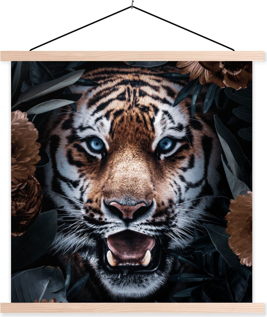 MuchoWow Textilposter Tiger - Blumen - Blatt 40x40 cm mit holzfarbenen Rahmen - Posterleiste