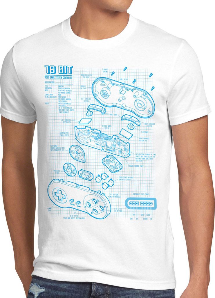 style3 SNES Controller Blaupause Herren T-Shirt 16-Bit Videospiel, Größe:4XL, Farbe:Weiß
