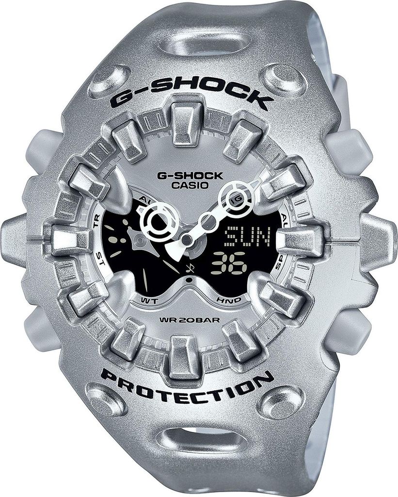 A close-up studio shot of a silver G-Shock watch against a white background.