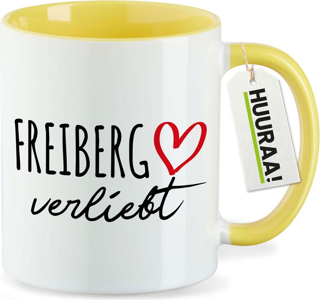 Huuraa Kaffeetasse Freiberg verliebt 330ml Gelb Keramik Kaffeebecher Geschenkidee