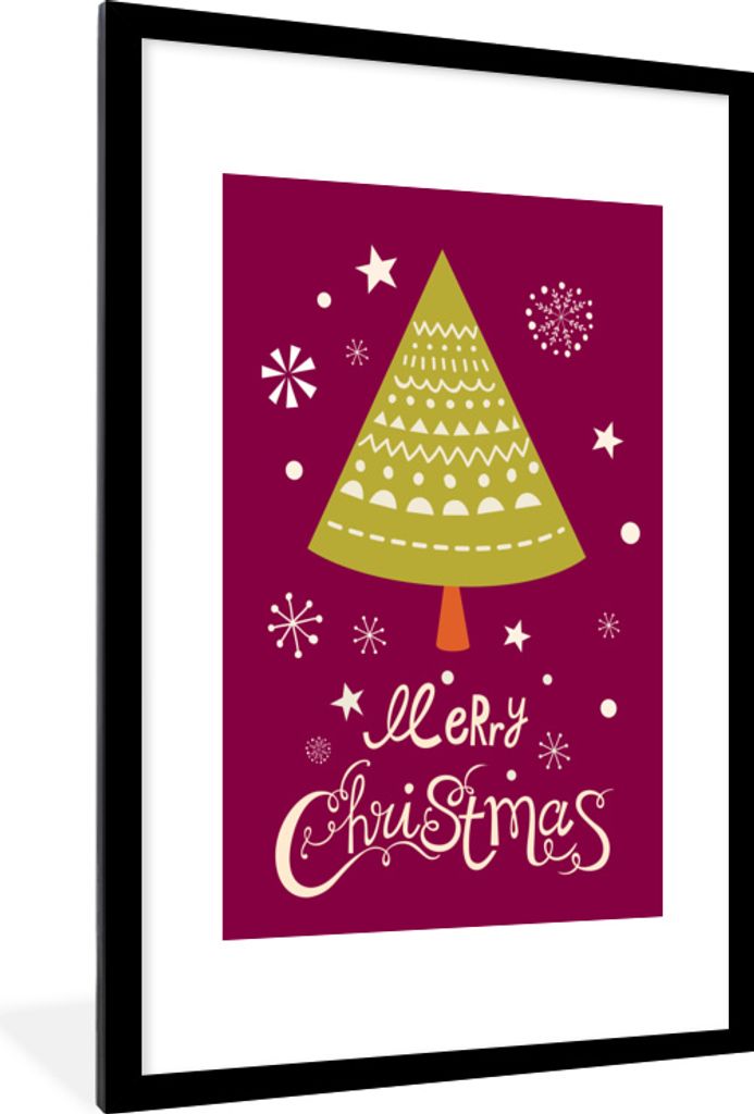 MuchoWow MuchoWow Gerahmtes Poster Weihnachtsbaum - Schnee - Weihnachten - Frohe Weihnachten 60x90 cm - Poster mit zchwarzem Bilderrahmen - Dek...