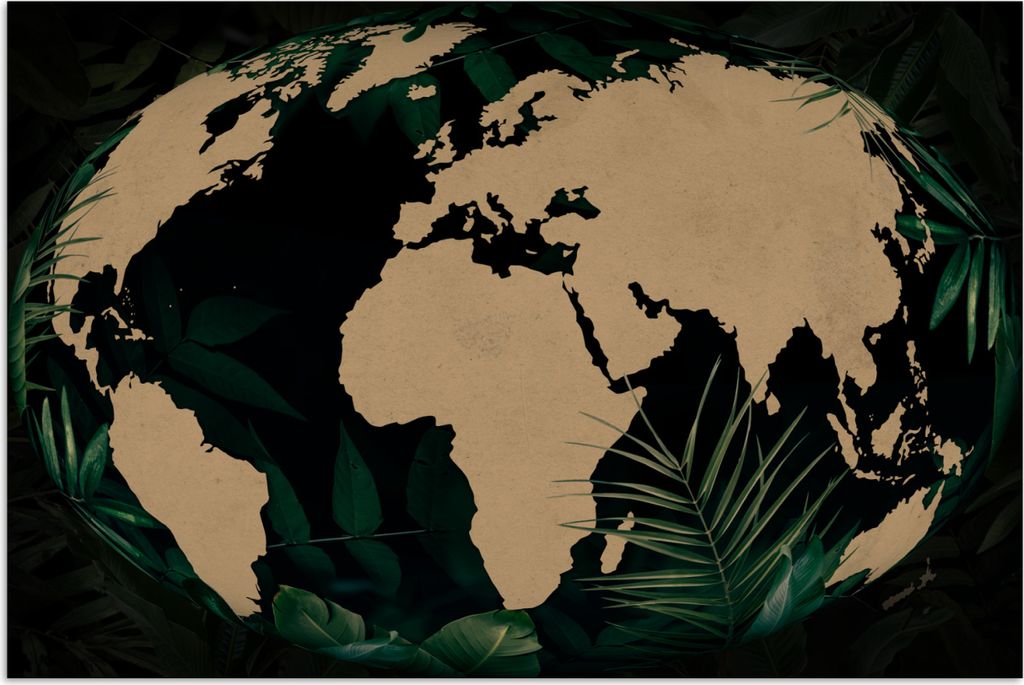 MuchoWow Poster Weltkarte - Globus - Pflanzen 60x40 cm - Schlafzimmerdekoration