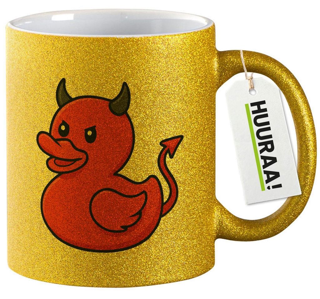 Huuraa Glitzertasse Quietscheente Teufel Gummiente Luzifer 330ml Gold Keramik Kaffeebecher Geschenkidee