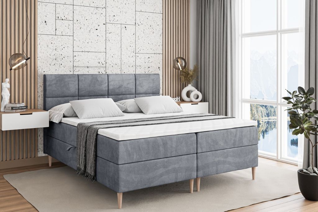 ALTDECOR Boxspringbett mit Holz Füßen, Matratze und Lattenrost, Boxbett, Topper, Polsterbett mit Bettkasten, Bett mit Stauraum H3-Matratze, Doppe...