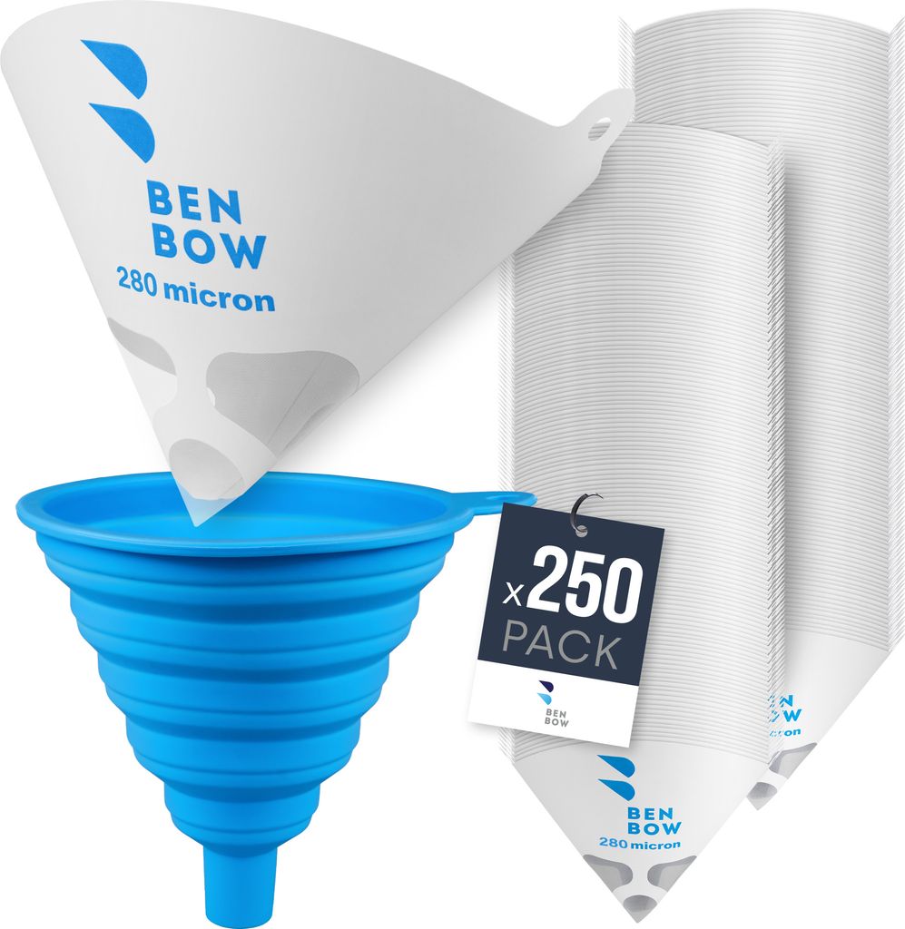 BenBow Lacksiebe mit Nyloneinsatz 280μ, 250 Stück mit Silikontrichter, für Lacke und Farben, ideal für Werkstatt und Lackierarbeiten