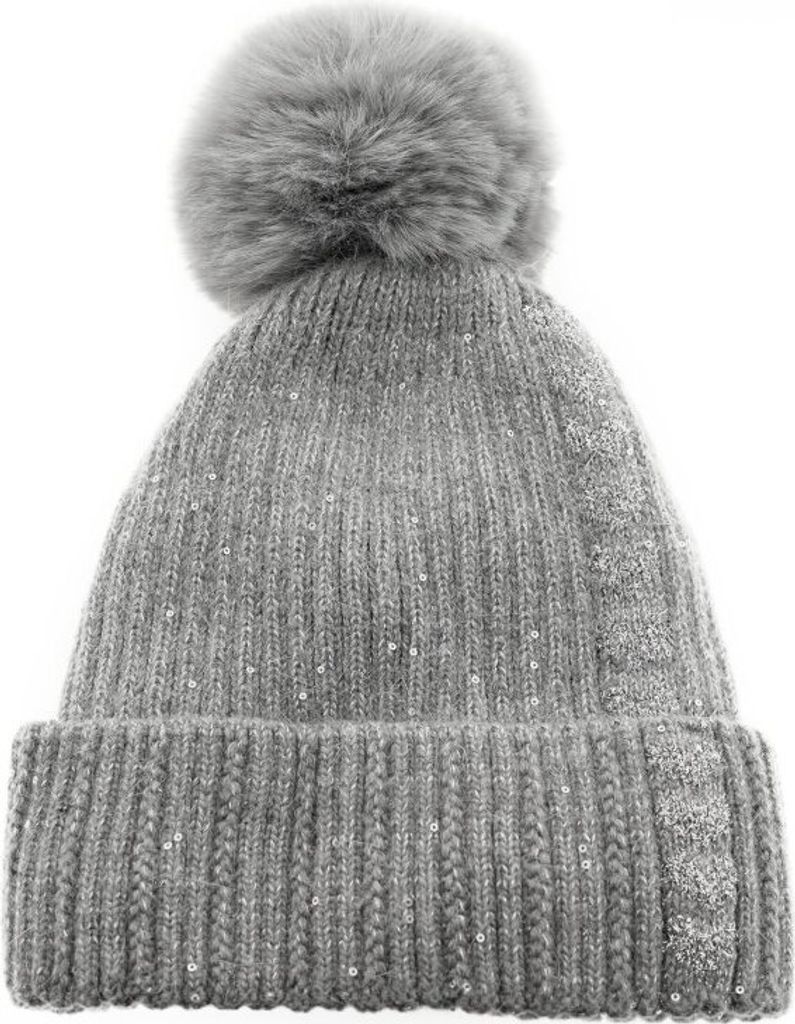 Strickmütze mit Perlen & Bommel für Damen OneSize – Stil und Wärme vereint Grau