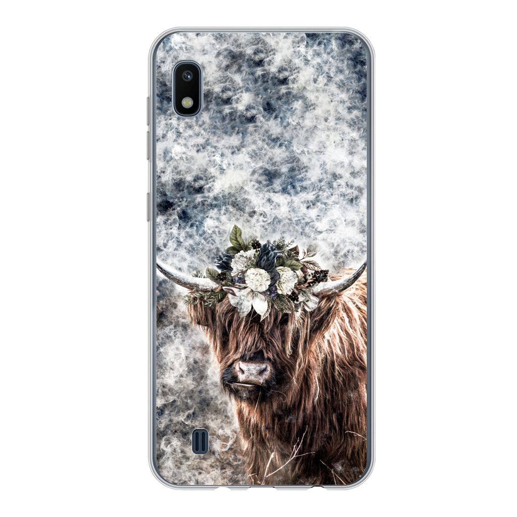 MuchoWow Handyhülle Schutzhülle Hülle für Samsung Galaxy A10 Schottischer Highlander - Rauch - Blumen Silikon Softcase Handy Hülle - Schutzh...