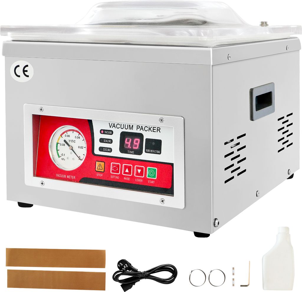 A vacuum packing machine is shown against a light gray background. Accessories like sealing tape, a power cord, and a small bottle are visible at the bottom.