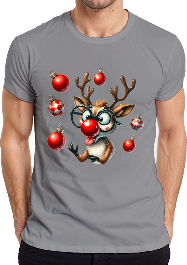 Rudolph Rentier rote Nase Brille Weihnachtskugeln lustig Geschenk Herren T-Shirt, Grau, XL