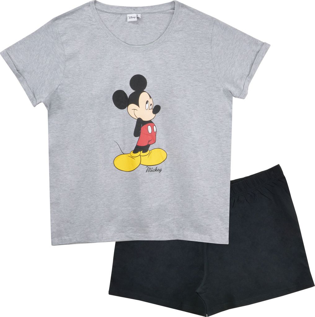 Disney Mickey Mouse Schlafanzug für Damen Pyjama Set Kurzarm Oberteil mit Hose Grau Schwarz L