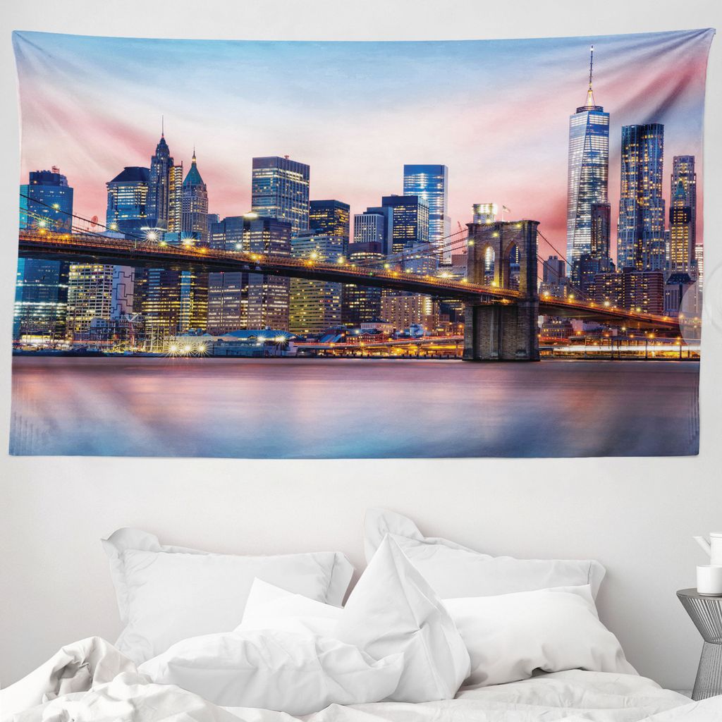 ABAKUHAUS Stadt Wandteppich, Sonnenaufgang in Brooklyn Bridge aus Weiches Mikrofaser Stoff Waschbar ohne Verblassen Digitaldruck, 230 x 140 cm, Blau