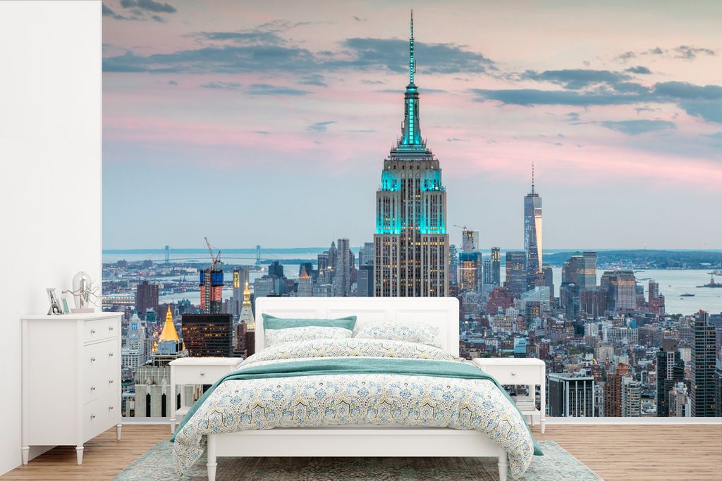 MuchoWow Fototapete für Wohnzimmer oder Schlafzimmer Wandtapete Vinyl Motivtapete Das beleuchtete Empire State Building in New York - 330x220 cm...
