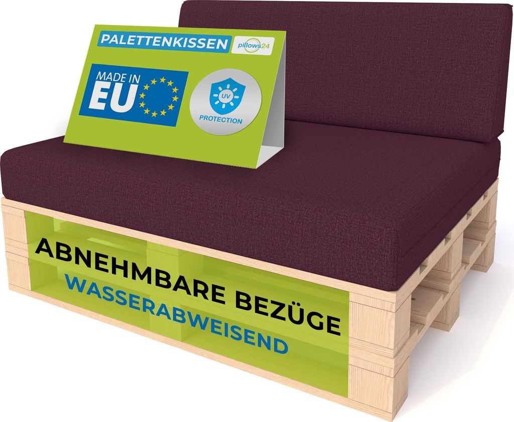 Pillows24 - Palettenkissen mit abnehmbarem Bezug - 2ER SET | Polster für Europaletten 120x80 Sofa - Wasserfest - Outdoor/Indoor | Pflaume