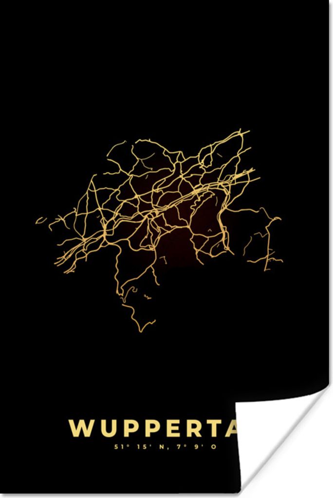 MuchoWow Poster Karte - Wuppertal - Gold - Stadtplan 20x30 cm - Papierdruck