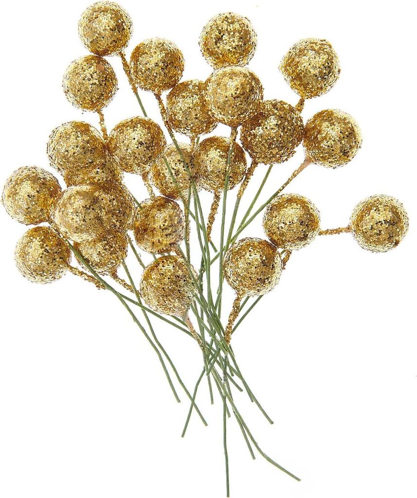 24 goldene Beeren mit Glitzer 8 cm