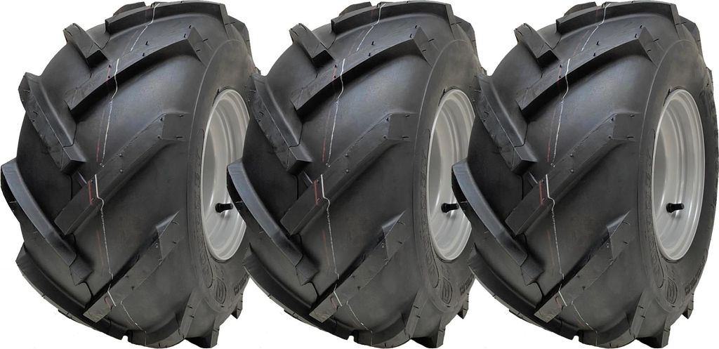 18x9.50-8 Reifen mit offener Mitte auf Felgen mit Stollen Rotovator 4 Zoll PCD (3er Set)